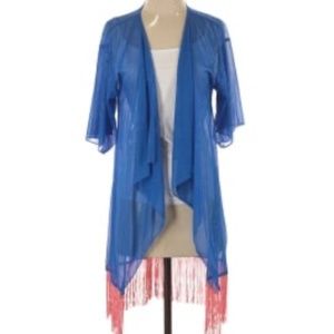 LulaRoe Monroe Kimono Blue with Coral Fringe Small